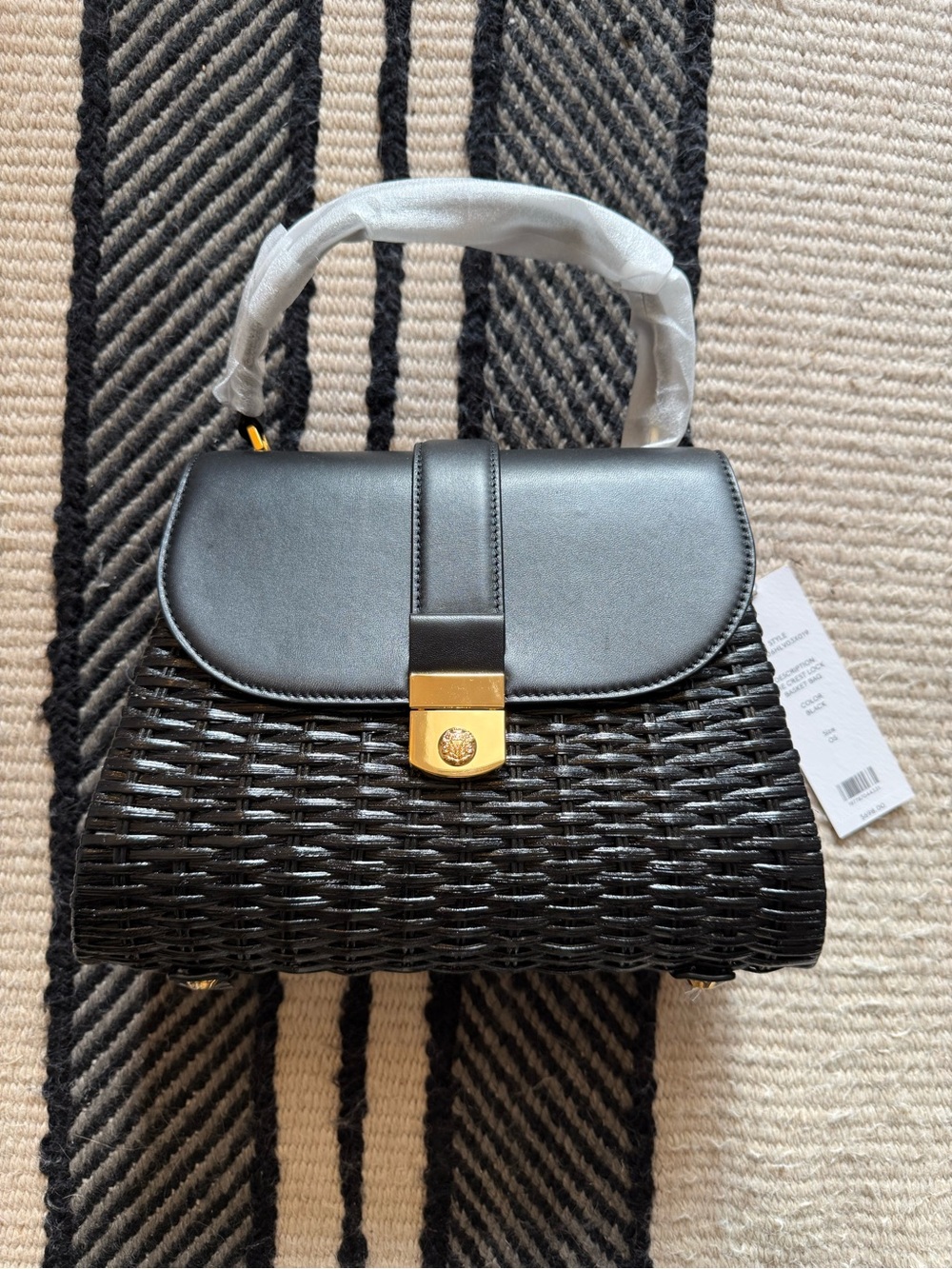 Veronica Beard Black Woven Top-Handle Basket Bag with Gold Crest Hardware